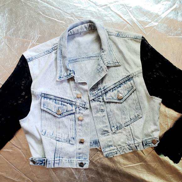 80s 90s Denim Jean Jacket Cropped Acid Bleached s - Picture 2 of 7